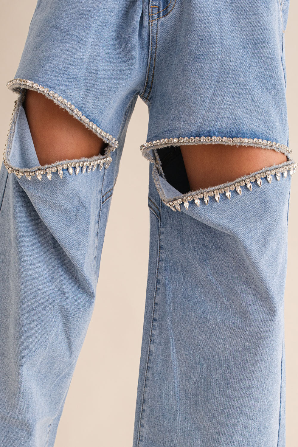 Washed Denim Cut Front Rhinestone Jeans – Luv Silent