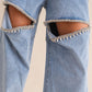 Washed Denim Cut Front Rhinestone Jeans