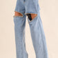 Washed Denim Cut Front Rhinestone Jeans