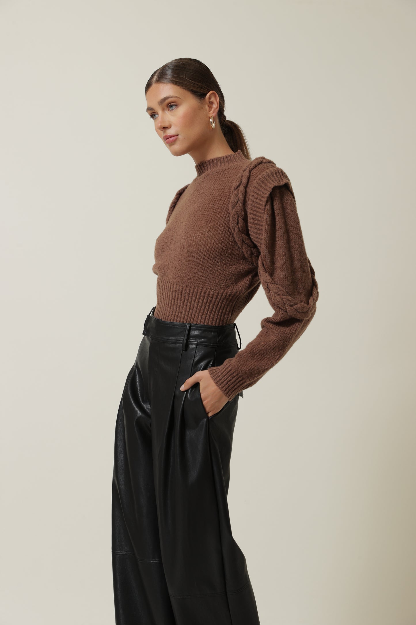 Braided Sleeve Chocolate Sweater